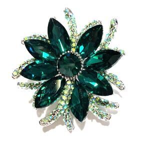 Silver Brooch Floral Pendant Light & Dark Green Rhinestones Dimensional Flower